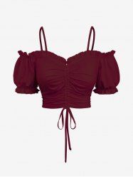 Plus Size Solid Color Ruffles Ruched Cinched Cold Shoulder Crop Top -  