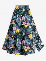 Plus Size Tropical Leaf Flowers Print Split Hawaii Skirt -  