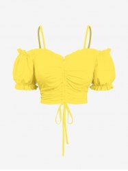 Plus Size Solid Color Ruched Cinched Ruffles Cold Shoulder Crop Top -  
