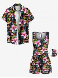 Matching Hawaii Shirt and Romper Plus Size Beach Outfit Tropical Leaf Hibiscus Printed for Couples -  