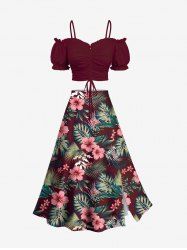 Tropical Leaf Hibiscus Flower Print Hawaii Plus Size Matching Set -  