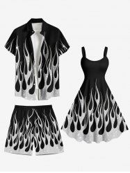Glitter Sequins Fire Flame Print Plus Size Matching Hawaii Beach Outfit For Couples -  