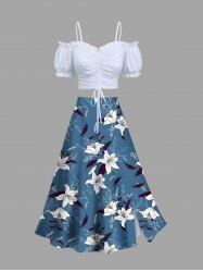 Cinched Solid Ruffles Cropped Top and Ombre Floral Leaves Print Hawaii Split A Line Skirt Plus Size Matching Set -  