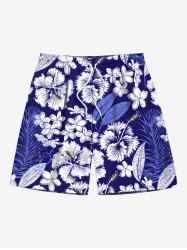 Plus Size Flowers Leaf Print Hawaii Beach Shorts For Men -  