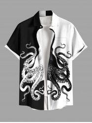 Chemise hawaïenne grande taille à imprimé pieuvre bicolore contrasté et poches à boutons pour homme - Noir L