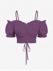 Plus Size Cold Shoulder Puff Sleeves Cinched Solid Ruffles Top -  