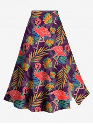 Plus Size Colorful Tropical Leaves Flamingo Print Hawaii Split A Line Skirt -  