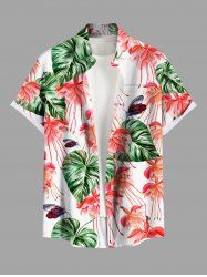 Plus Size Tropical Leaf Flower Insects Print Hawaii Button Pocket Shirt For Men -  