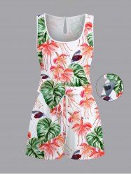 Plus Size Tropical Leaf Flower Insects Print Hawaii Drawstring Pocket Romper -  