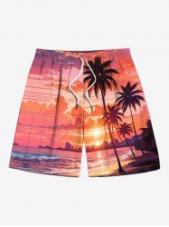 Plus Size Coconut Tree Sea Ombre Sky Dusk Print Hawaii Drawstring Beach Shorts For Men -  