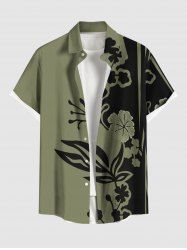 Plus Size Flower Branch Leaf Two Tone Print Hawaii Button Pocket Shirt For Men -  
