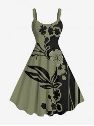 Plus Size Flower Branch Leaf Two Tone Print Hawaii A Line Tank Dress -  