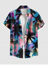 Plus Size Coconut Tree Colorful Ombre Colorblock Print Hawaii Buttons Pocket Shirt For Men -  