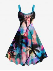 Plus Size Coconut Tree Colorful Ombre Colorblock Print Hawaii A Line Tank Dress -  