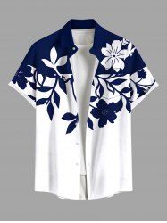 Chemise hawaïenne grande taille à imprimé floral, feuilles, branches, contraste bicolore, boutonnée et poche pour homme - Blanc 3XL
