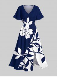Robe mi-longue trapèze hawaïenne à imprimé bicolore contrasté, grande taille, avec poches fendues et motif floral et branches - Bleu profond XXS