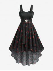 Cherry Print Starfish Buckle Lace Trim High Low Tank Dress -  