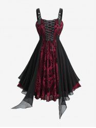 Plus Size Flower Flocking Lace Up Grommets Asymmetrical Tank Dress -  