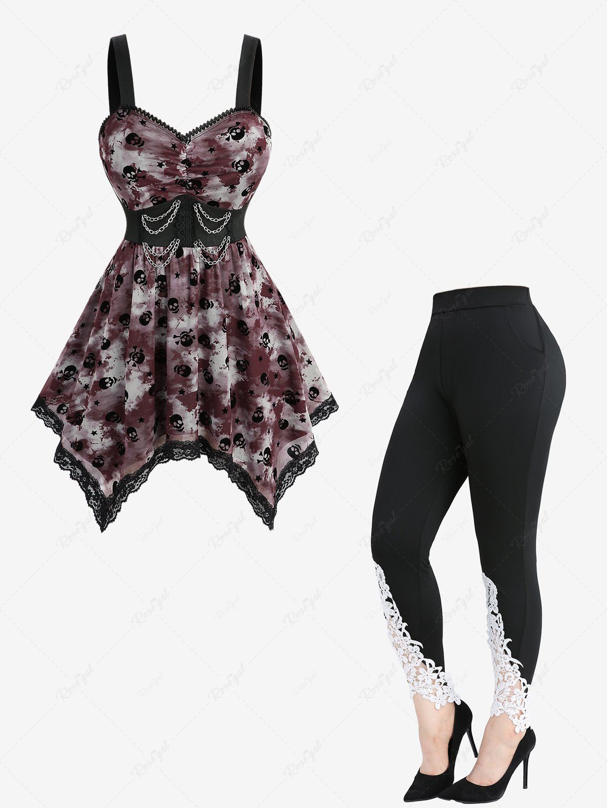 Shop Skull Flocking Tie Dye Print Tank Top and Appliques Pockets Leggings Plus Size Outfit  