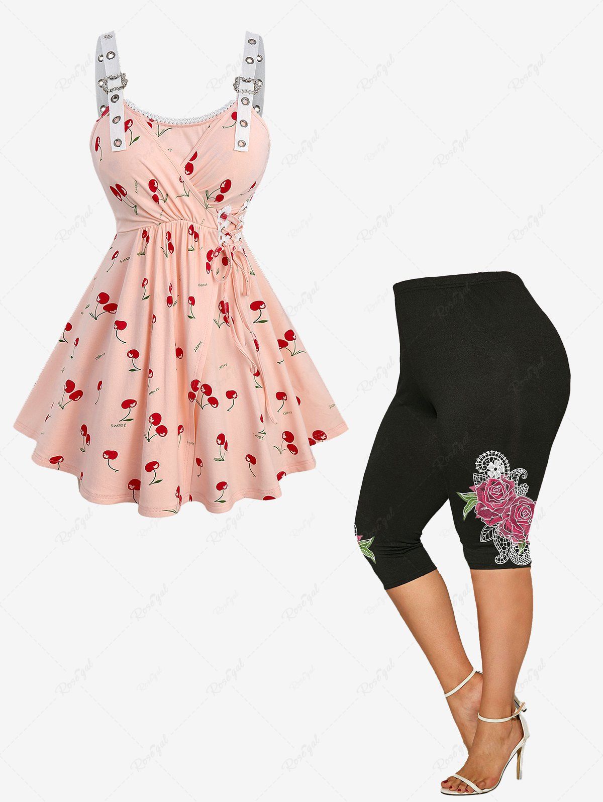 Store Cherry Print Lace-up Surplice Tank Top and Rose Printed Capri Leggings Plus Size Outfit  