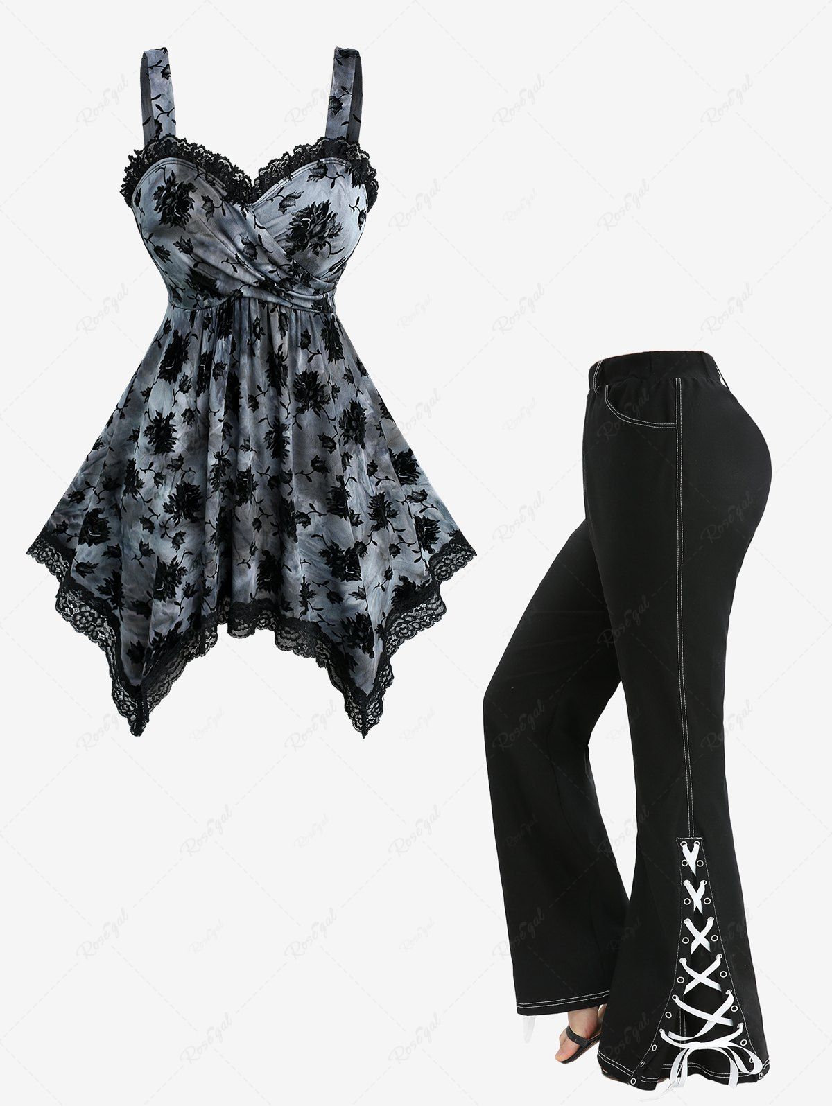 Discount Flower Flocking Tie Dye Crossover Handkerchief Top and Split Lace Up Topstitching Flare Pants Plus Size Outfit  