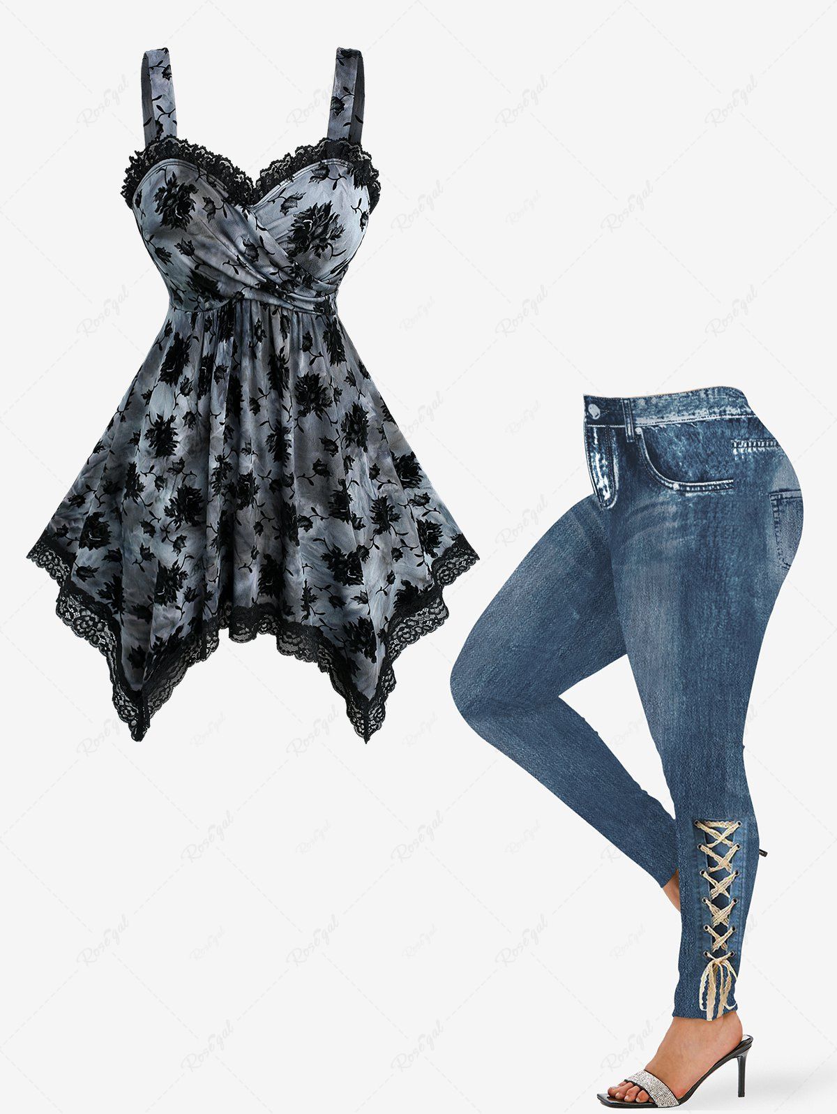 Affordable Flower Flocking Tie Dye Handkerchief Top and 3D Lace Lace-up Distressed Ombre Denim Print Leggings Plus Size Outfit  
