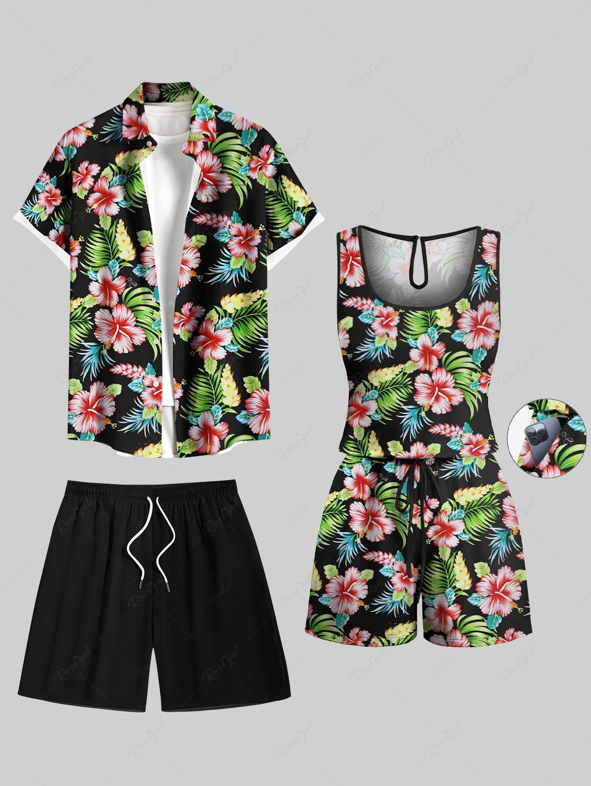 Ensemble chemise et barboteuse hawaïennes assorties, grande taille, tenue de plage, imprimé feuilles tropicales et hibiscus, pour couples Noir 