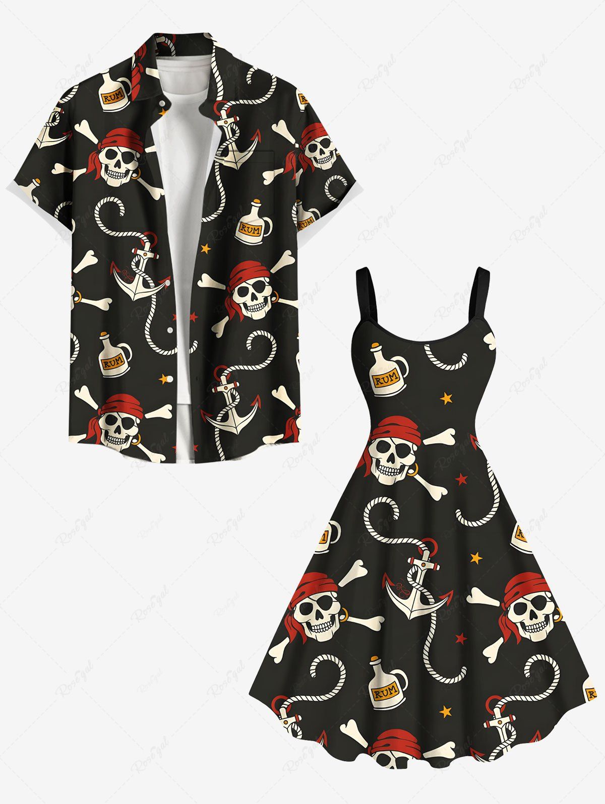 Trendy Skull Pirate Anchor Rope Print Plus Size Matching Outfit For Couples  