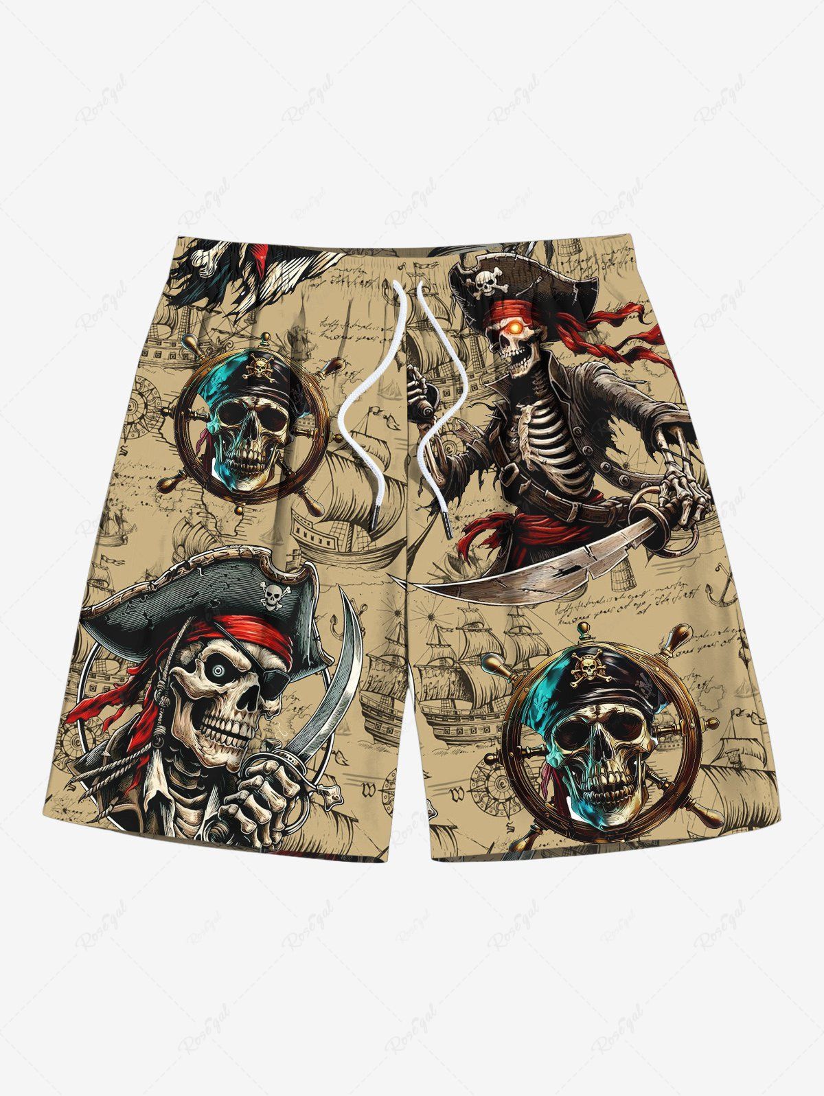 New Plus Size Distressed Skull Pirate Rudder Sailboat Cruise Print Hawaii Drawstring Beach Shorts For Men  