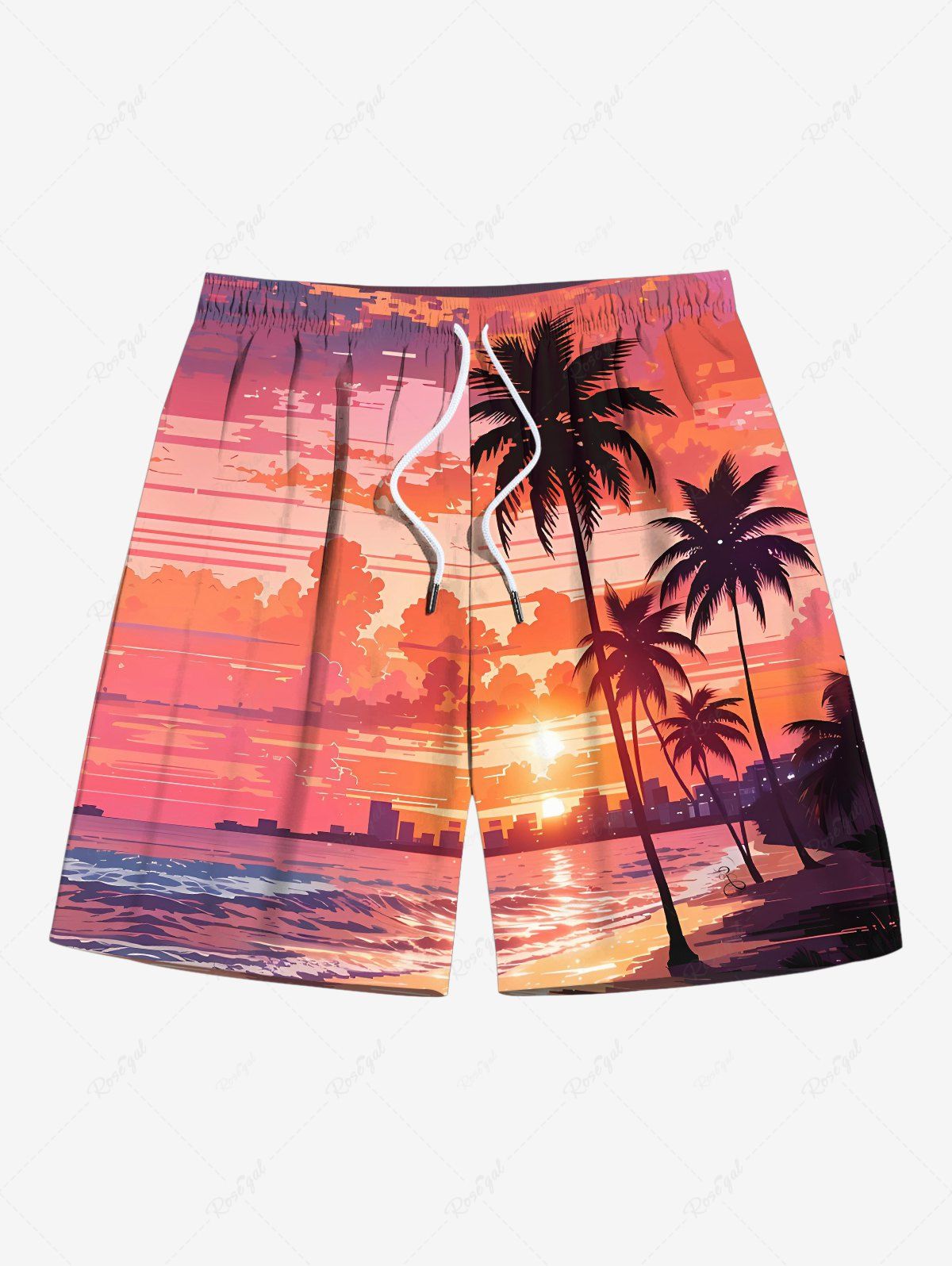Hot Plus Size Coconut Tree Sea Ombre Sky Dusk Print Hawaii Drawstring Beach Shorts For Men  