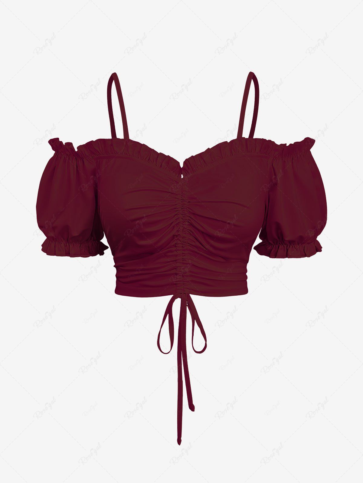 Chic Plus Size Solid Color Ruffles Ruched Cinched Cold Shoulder Crop Top  