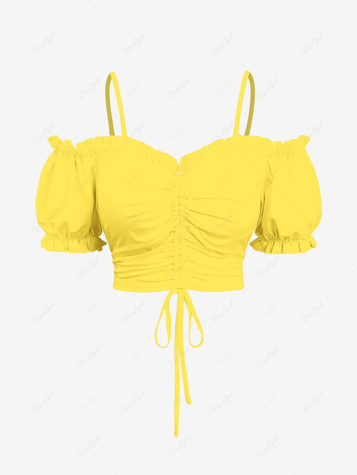Affordable Plus Size Solid Color Ruched Cinched Ruffles Cold Shoulder Crop Top  