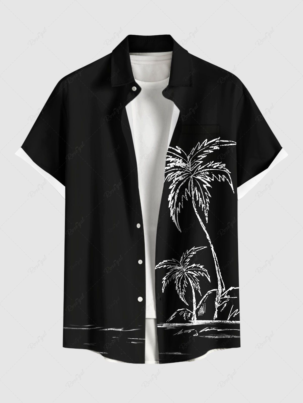 Shops Plus Size Coconut Tree Seascape Print Buttons Pocket Hawaii Shirt For Men  