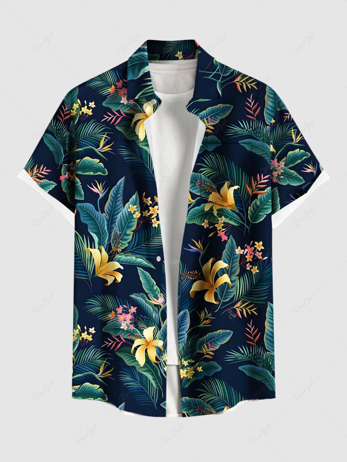 Online Plus Size Tropical Leaf Hibiscus Flower Print Buttons Pocket Hawaii Shirt For Men  