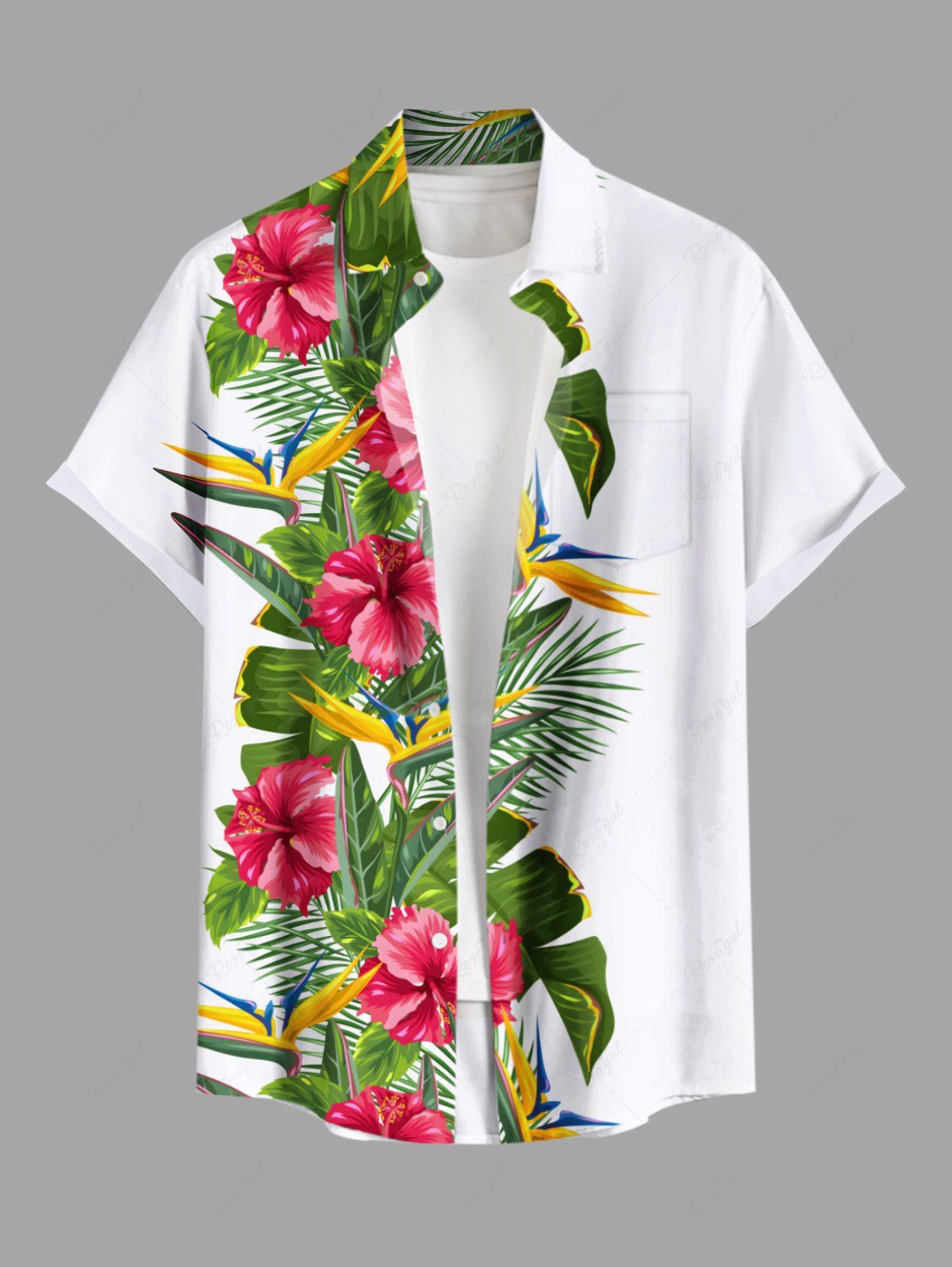 Sale Plus Size Tropical Leaf Hibiscus Flower Print Buttons Pocket Hawaii Shirt For Men  