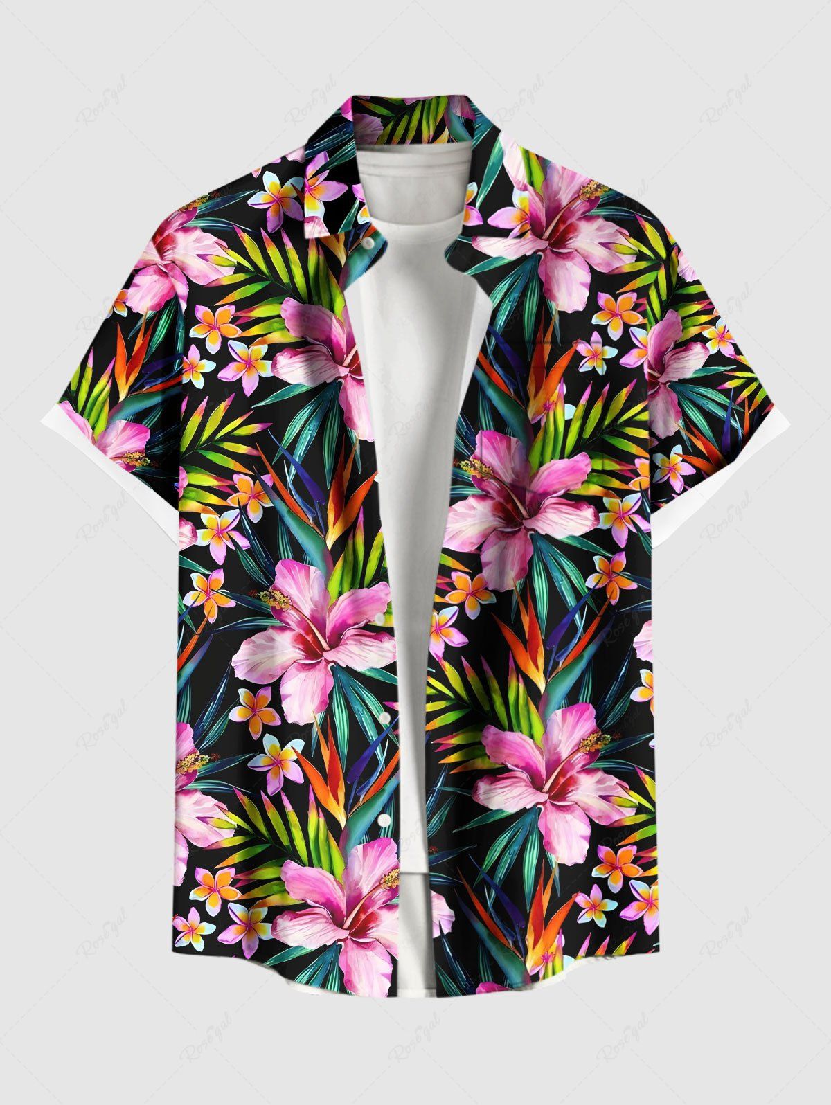 Hot Plus Size Tropical Leaf Hibiscus Flower Print Buttons Pocket Hawaii Shirt For Men  