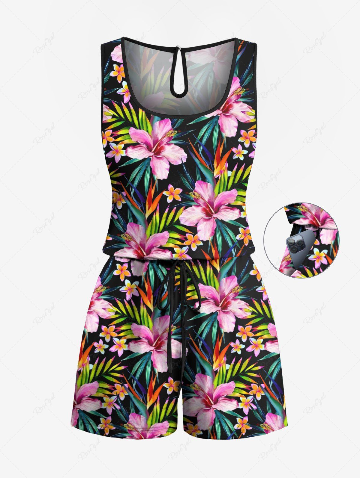 Combinaison hawaïenne cintrée grande taille à imprimé feuilles tropicales et fleurs d'hibiscus Noir XS