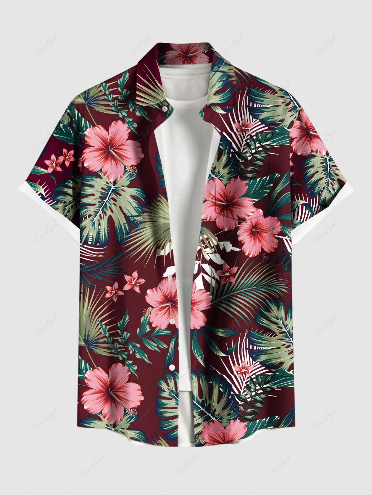 Shop Plus Size Tropical Leaf Hibiscus Flower Print Buttons Pocket Hawaii Shirt For Men  