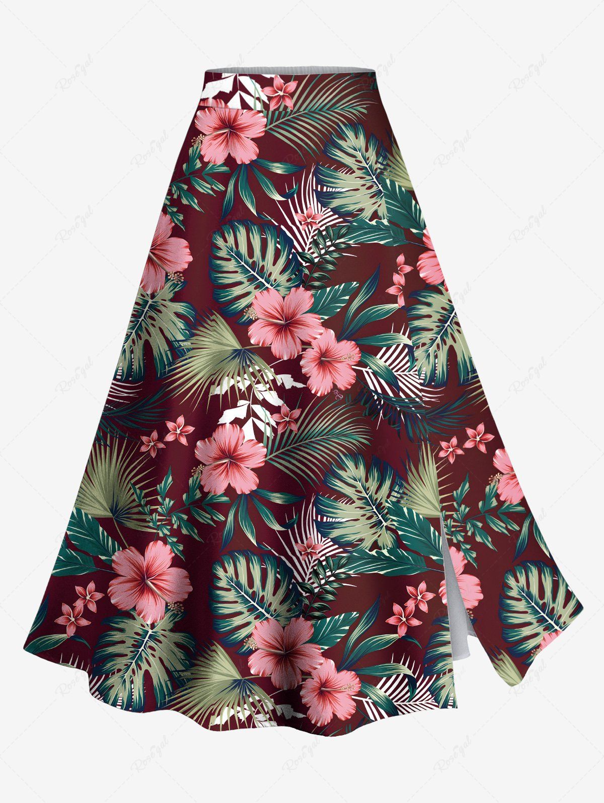Trendy Plus Size Tropical Leaf Hibiscus Flower Print Split Hawaii Skirt  