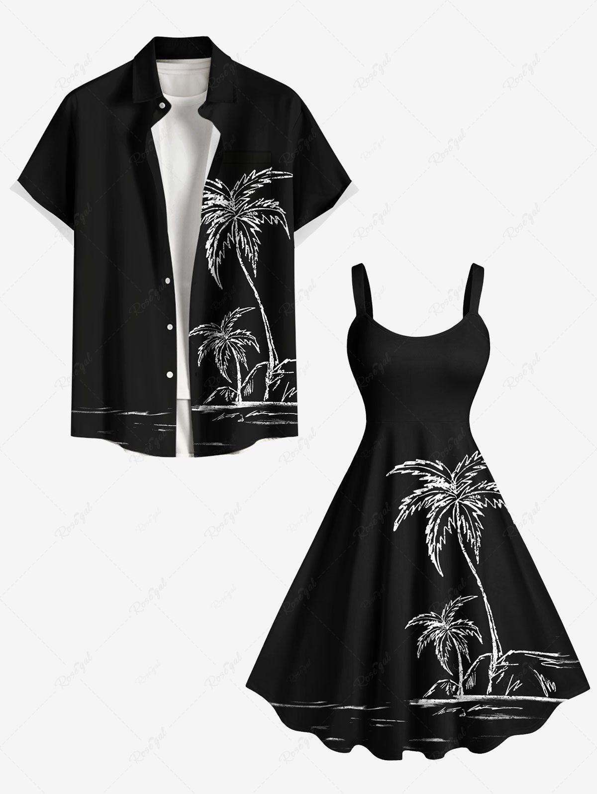 Tenue de plage hawaïenne assortie grande taille à imprimé paysage marin de cocotiers pour couples Noir 