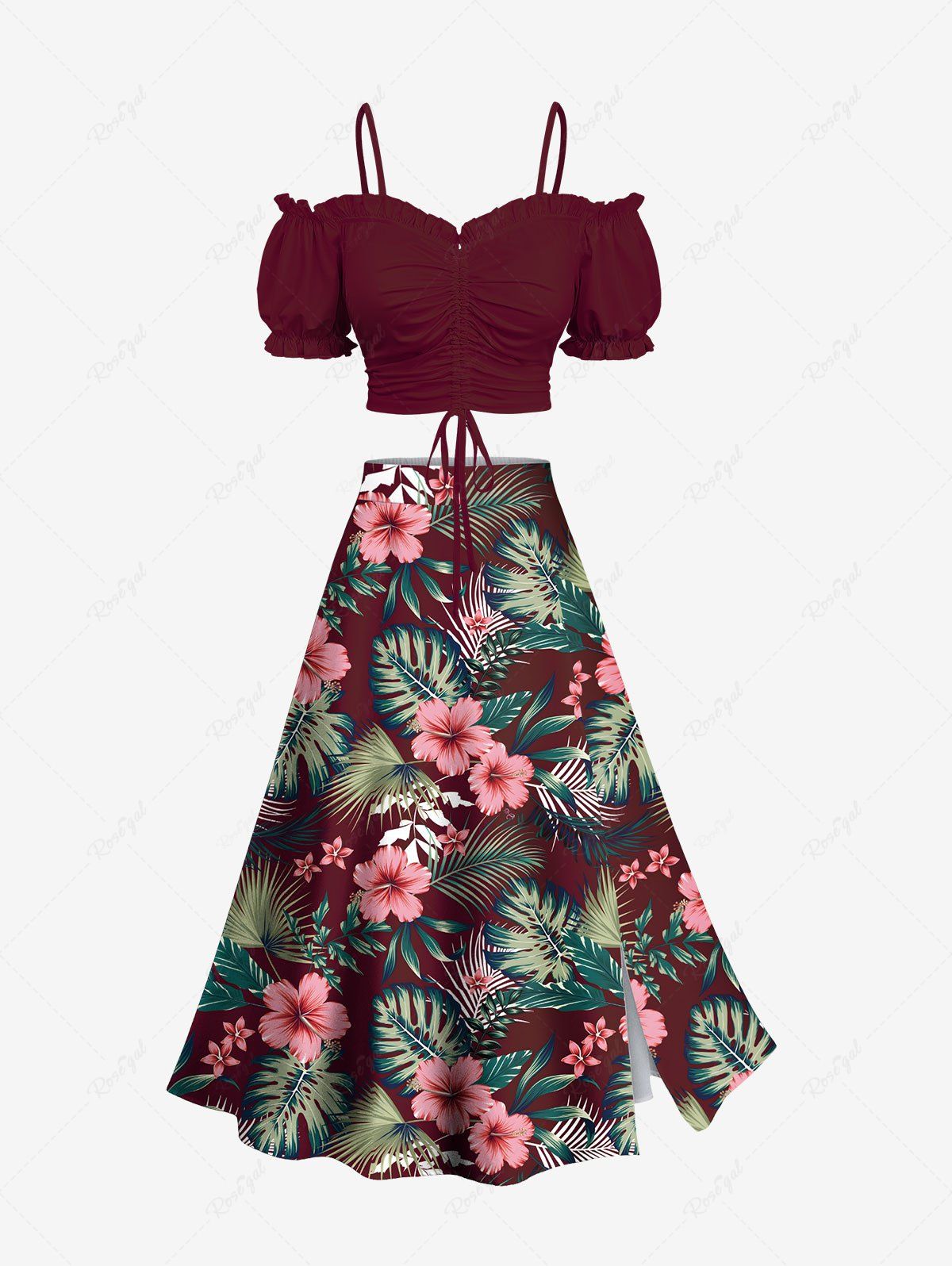 Trendy Tropical Leaf Hibiscus Flower Print Hawaii Plus Size Matching Set  