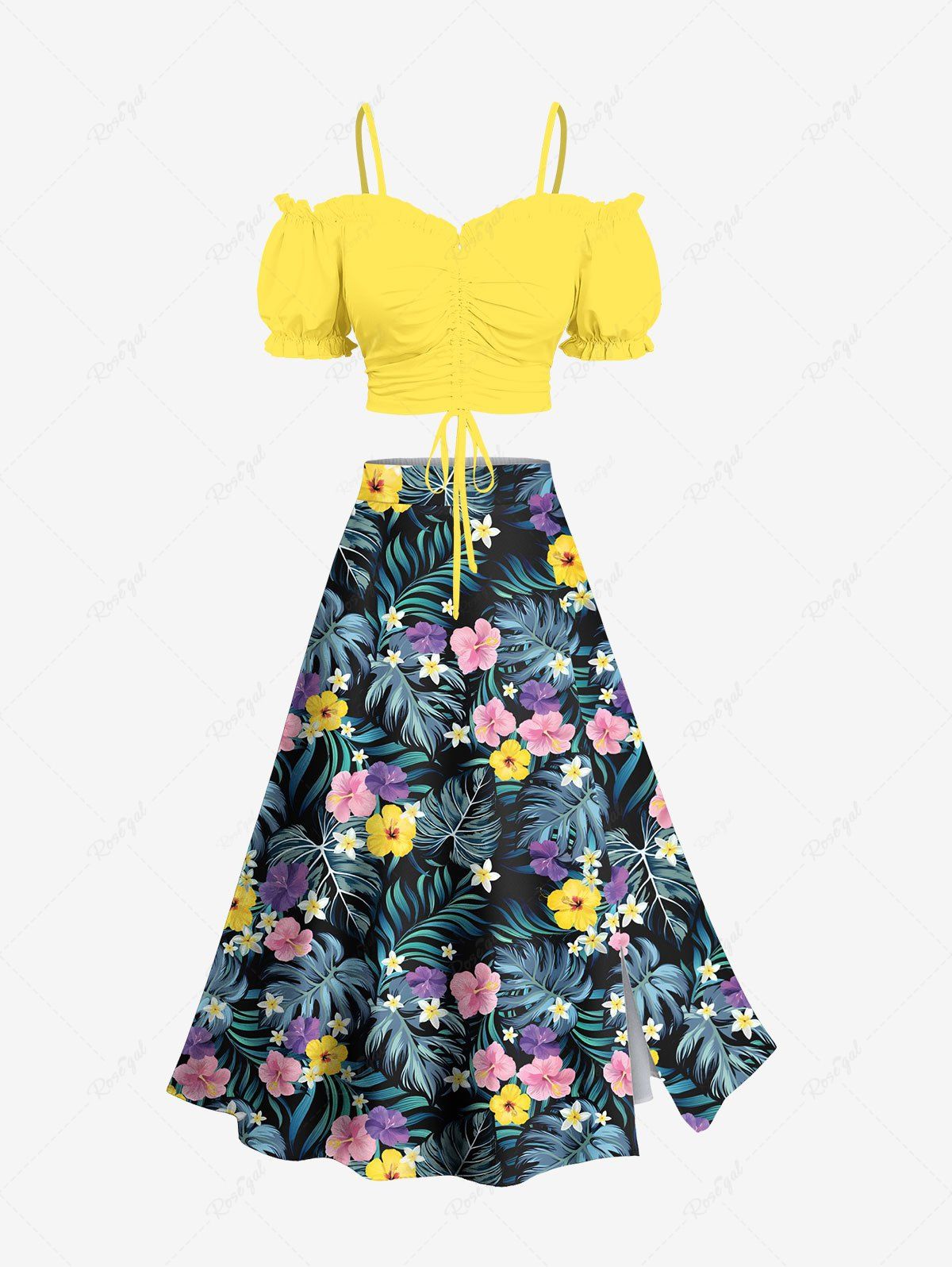 New Tropical Leaf Flowers Print Hawaii Plus Size Matching Set  