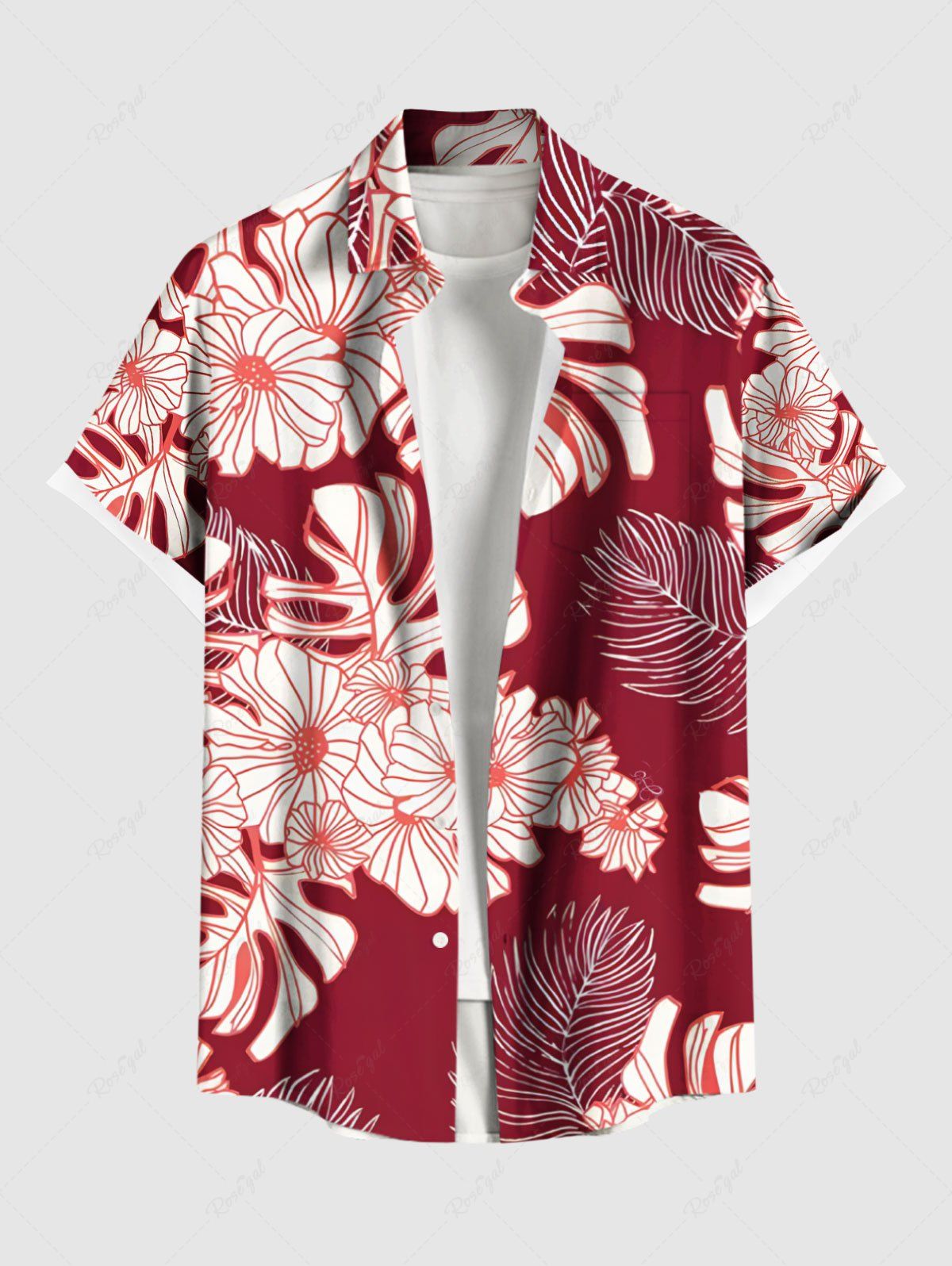 Fancy Plus Size Tropical Leaves Floral Print Hawaii Button Pocket Shirt For Men  