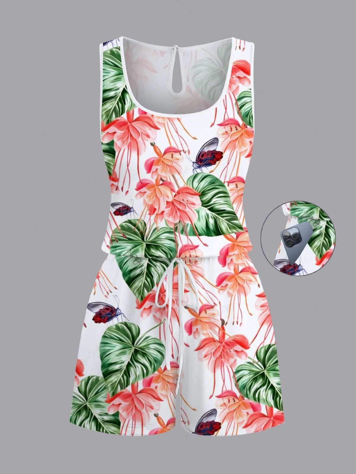 Combinaison hawaïenne grande taille à imprimé feuilles tropicales, fleurs et insectes avec cordon de serrage et poches Blanc 5X