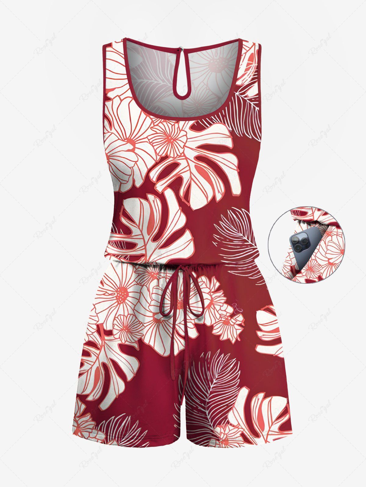Latest Plus Size Tropical Leaf Flower Print Hawaii Drawstring Pocket Romper  