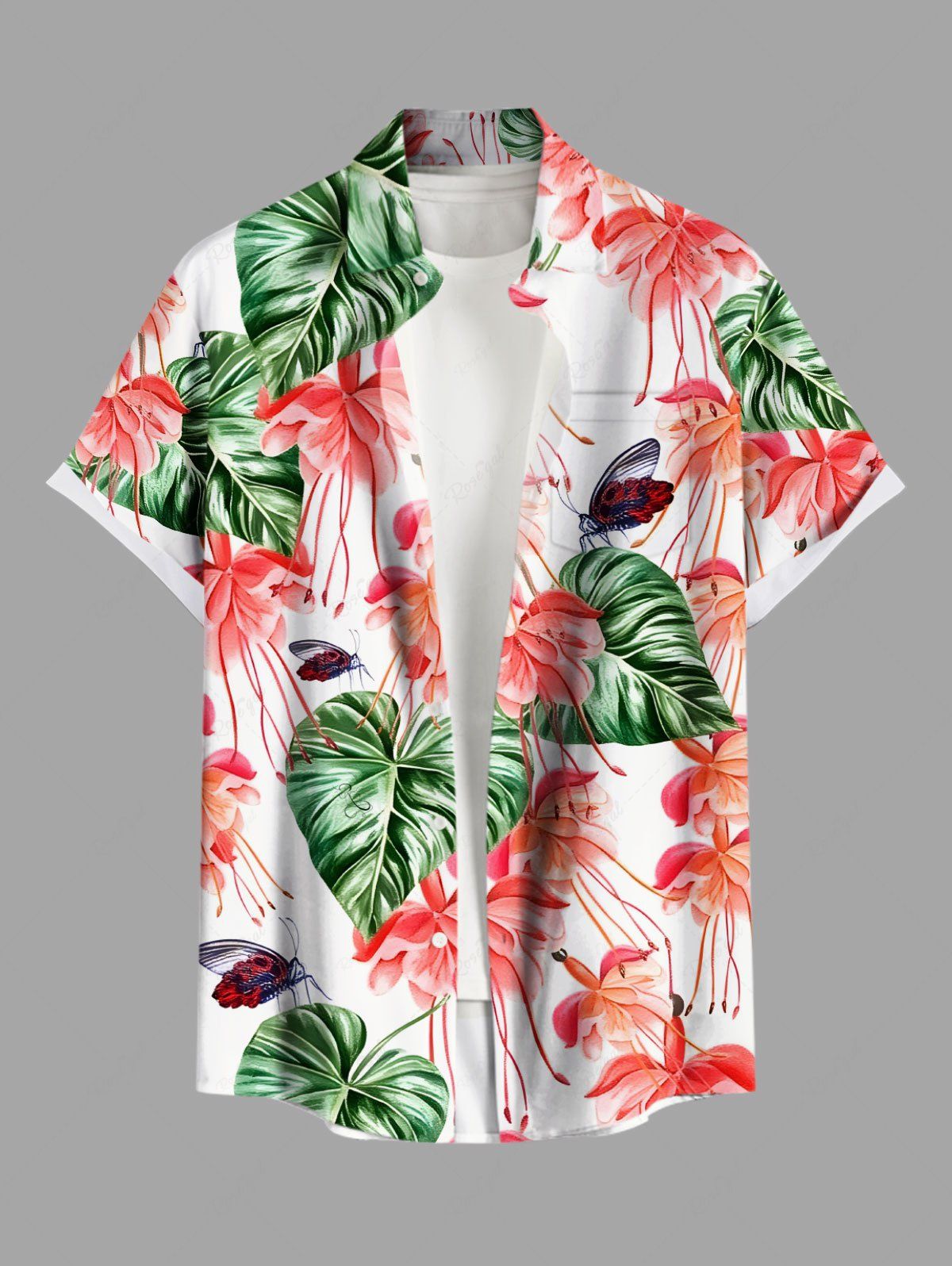 Chic Plus Size Tropical Leaf Flower Insects Print Hawaii Button Pocket Shirt For Men  