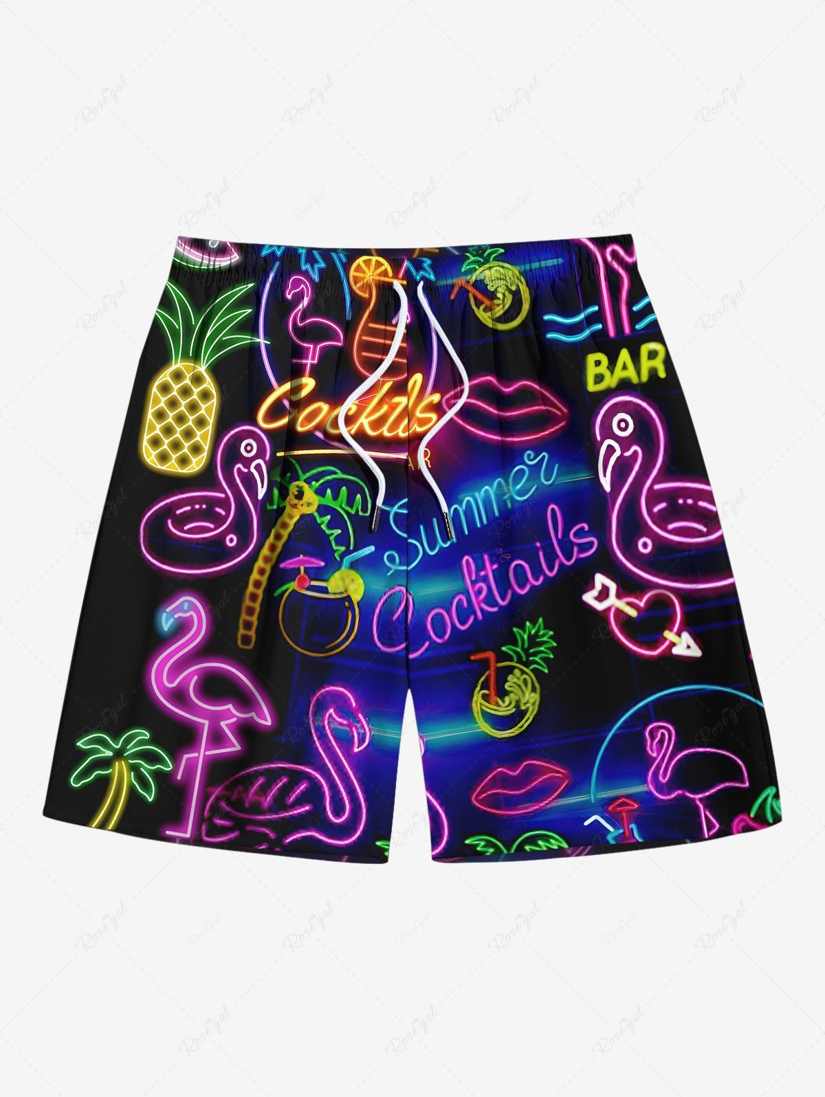 Short de plage hawaïen grande taille à imprimé cocotier, flamant rose et jus d'ananas pour homme Noir 8XL