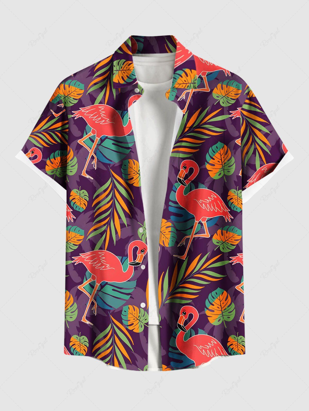 Outfit Plus Size Colorful Tropical Leaf Flamingo Print Hawaii Button Pocket Shirt For Men  