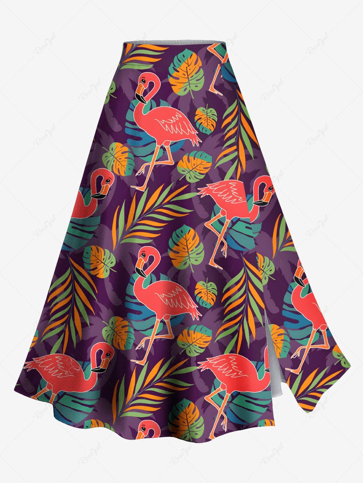 Cheap Plus Size Colorful Tropical Leaves Flamingo Print Hawaii Split A Line Skirt  