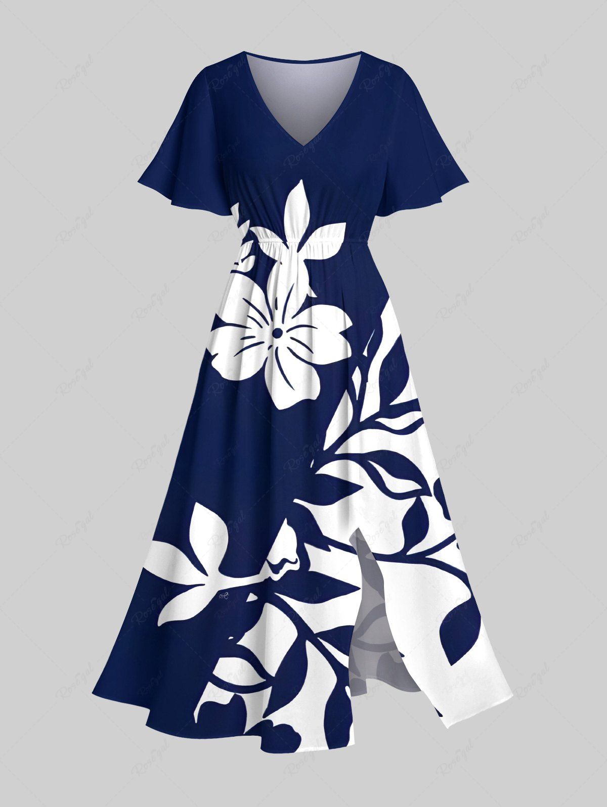 Chic Plus Size Floral Leaves Branch Contrast Two Tone Print Hawaii Split Pocket A Line Midi Dress  